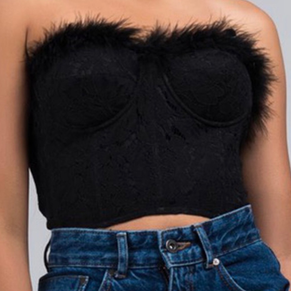 Fur Bustier Top W/ Lace Corset